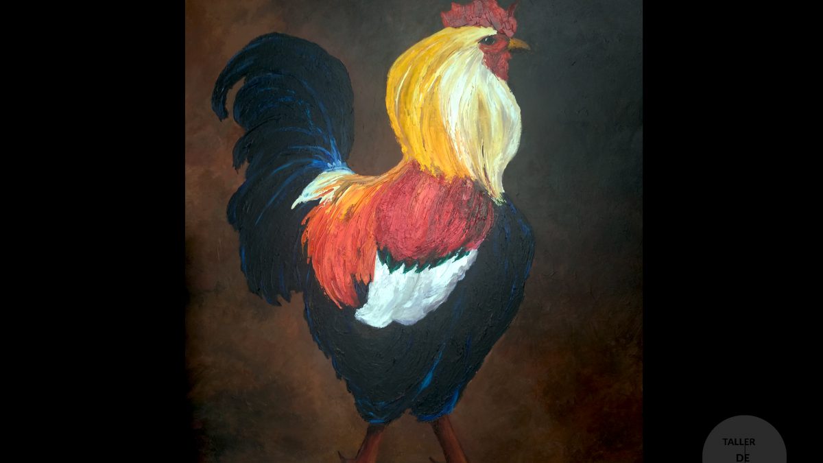 Gallo realizado con pincel y espátula